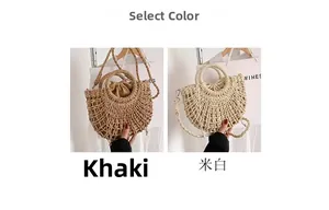 Straw half-moon tote bags in khaki and off-white with hollow weave and drawstring liner