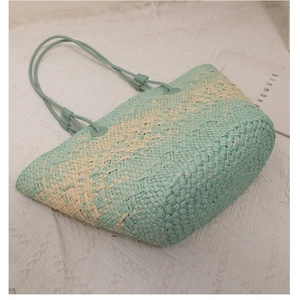 Large woven straw tote bag with gradient light green and beige pattern for beach holidays