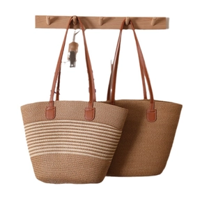 Minimalist straw tote bags with leather handles in solid brown and striped patterns