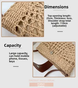 Detail view of woven straw shoulder bag with adjustable brown leather strap and dimensions