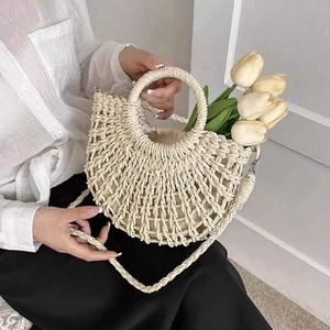 Minimalist semi-circle straw woven handbag for beach with hollow grid and shoulder strap