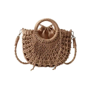 Minimalist semi-circle hollow straw handbag with a drawstring inner bag for summer beach travel