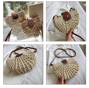 Detail of hollow woven straw bag with cream honeycomb texture and brown leather flap