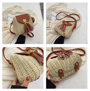 Detailed four-view display of a straw crossbody bag with brown leather flap and tassels