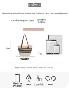Size guide for striped cotton woven tote showing dimensions 43x27x13cm with A4 scale