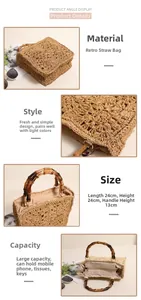 Detailed four-view of straw bag with bamboo handle, woven texture, and inner lining