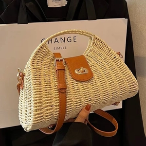 Straw Woven Handbag With PU Leather Trim Golden Twist Lock Summer Beach Vacation Crossbody Shoulder Bag For Women