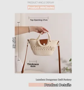 Detailed view showing dimensions of a hollow woven straw beach bag with pearl buckle