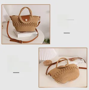 Detail of hand-woven cotton beach bag featuring brown leather flap and pearl button
