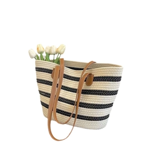 Striped cotton woven tote bag with leather handles and white tulip decor