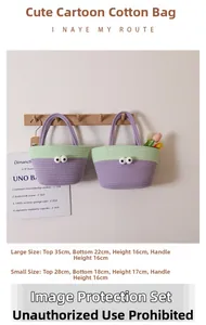 Detailed size comparison of two colorful crochet tote bags with cute cartoon eyes