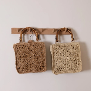 Women Woven Handbag With Natural Bamboo Handle Paper Rope Crochet Floral Square Bohemian Vacation Beach Tote Bag