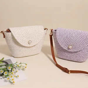 Women Woven Crossbody Bag Cotton Rope Handcrafted Shoulder Bag With Artificial Pearl Button Adjustable Faux Leather Strap Casual Summer Beach