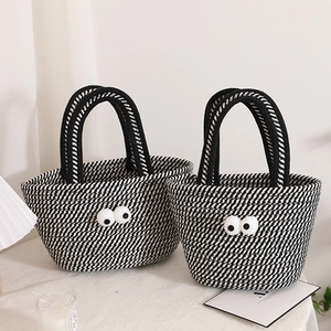 Cute cartoon cotton woven handbags with big eyes decor in black and white stripes