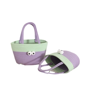 Cute cartoon cotton rope woven handbag in mint green and purple with large eyes