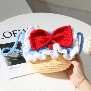 Handmade Crochet Crossbody Bag Knitted Mini Messenger Bag Large Red Bow Ruffle Trim Princess Style For Kids Girls