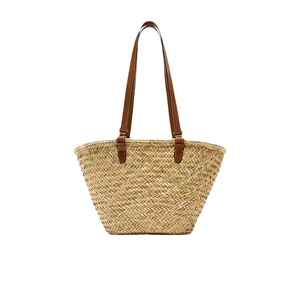Women Straw Woven Tote Bag Large Capacity Handcrafted Beach Vacation Shoulder Bag With Leather Handles Minimalist Style