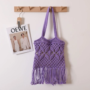 Bohemian purple cotton rope macrame tote bag with fringe details and tassel fringe