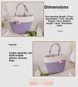 Detailed size chart for handmade woven cotton bag with purple floral charms