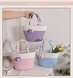 Three-piece set of woven cotton rope bags with 3D floral accents in pastel colors