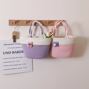 Handwoven Cotton Rope Handbag Mini Floral Tote Contrast Color Picnic Basket Small Purse For Women Girls