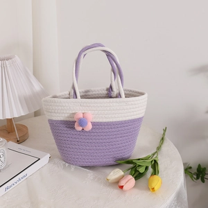 Cute woven cotton hand bag with purple flower decoration and double handles for picnic