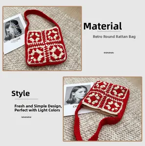 Detailed view of red and white granny square crochet shoulder bag with braided straps