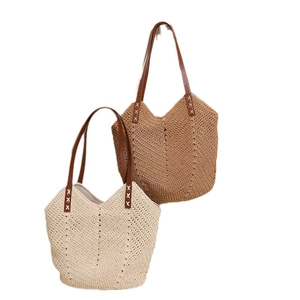 Handmade cotton woven beach tote bags in beige and brown with premium leather straps