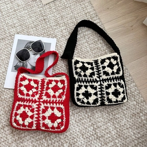 Handmade granny square crochet shoulder bag in red-white and black-white knit patterns