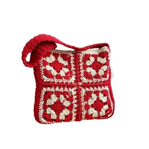 Handmade granny square crochet tote bag in red and beige minimalist hollow design