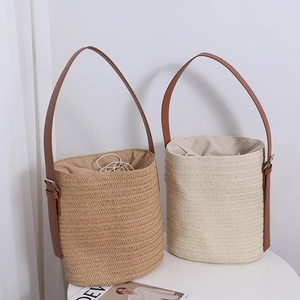 Woven Straw Bucket Bag For Women Summer Beach Vacation Adjustable Leather Strap Drawstring Lining Retro Simple