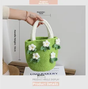 Detail shot of handmade camellia knit bucket bag showing 20cm height and 16cm diameter