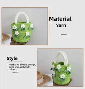 Detailed view of handmade green knit bag featuring white camellia flowers and milk cotton yarn