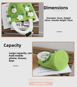 Handmade green camellia bucket bag details showing 16x20cm dimensions and capacity
