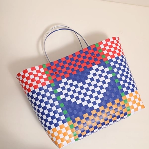 Colorful checkered woven tote bag with durable clear double handles and spacious design