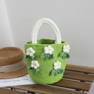 Handmade Crocheted Bucket Handbag Camellia Flower Knitted Tote Pouch Pastoral Style Sweet Women Daily Matching Accessory