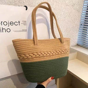 Woven Shoulder Bag Color Block Cotton Thread Straw Handbag For Women Beach Vacation Summer Daily Casual