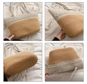 Detailed views of beige and brown woven tote bag showing stitching, base and interior
