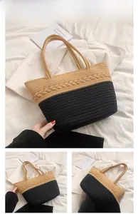 Detail of handwoven color-block tote bag with beige texture and black stripe finish