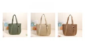 Detailed color display of woven straw tote bags with zipper and wooden bead tassel charms