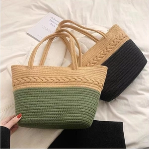 Large cotton woven shoulder bag with two-tone design for beach and holiday vacation use