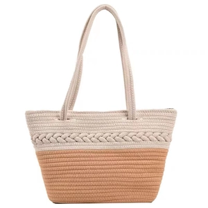 Large cotton woven tote bag in white and brown contrast with textured shoulder straps