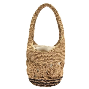 Handmade hollow floral straw shoulder bag with drawstring liner for summer beach vacation