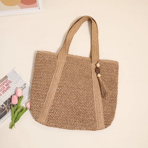 Handwoven straw tote bag with beaded tassel, large capacity summer beach shoulder bag