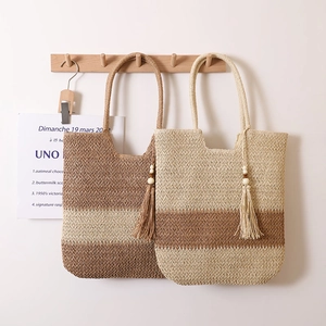 Geflochtene Stroh Schultertasche Für Damen Farblock Papierstroh Tote Mit Holzperlen Quaste Reißverschluss Urlaub Strandtasche