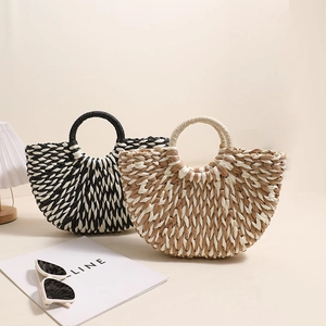 Semicircle Woven Handbag Straw Bag With Round Handle Summer Beach Vacation Fashion Minimalist For Women