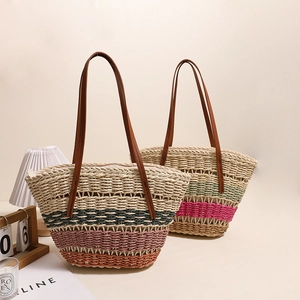 Sac Cabas Tissé En Paille À Rayures Colorées Grande Capacité Sac À Main En Fibre De Papier Avec Poignée En Cuir PU Été