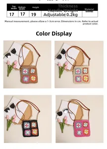 Detailed size guide for handmade square crochet crossbody bag with floral patterns