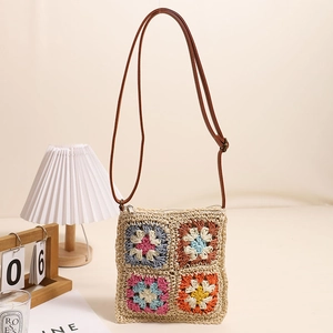 Crochet Crossbody Bag Granny Square Flower Woven Straw Square Vintage Bohemian Beach Shoulder Bag For Women