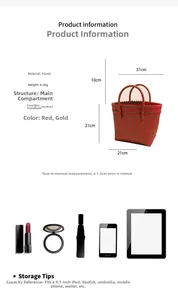 Guide des tailles du sac de plage tressé rouge avec largeur 31cm et hauteur de 21cm